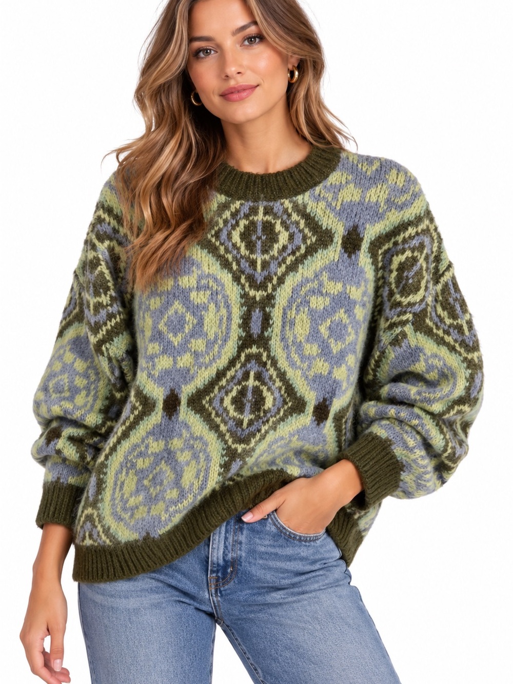 Olive & Lavender Patterned Crewneck Sweater
